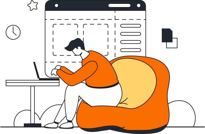 Illustration of a man seated on an orange bean bag with a laptop on a desk, working on website development with a website displayed on the screen behind him